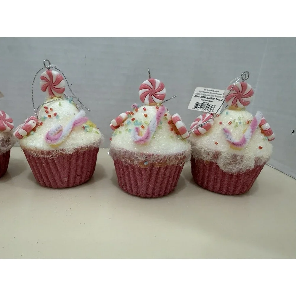 Candy Sprinkle Cupcake Ornament Set Of 5 Candy Cane Christmas Sweets NEW
